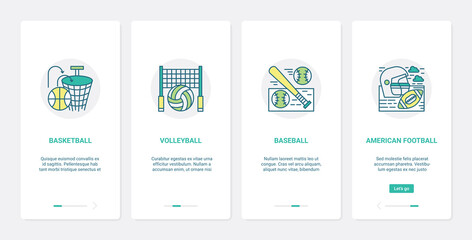 Sport equipment vector illustration. UX, UI onboarding mobile app page screen set with line balls for basketball volleyball rugby american football baseball group field games, basket bat symbols