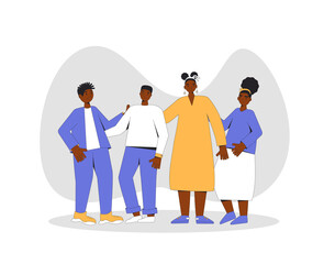 Group of african american teenagers standing together. Young female and male friends wearing in casual clothes. Boys and girls. Vector line illustration.