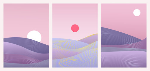 Abstract trendy minimal gradient nature landscape vector illustration set. Minimalist wavy desert sand dunes, hills, sea waves with hand drawning lines, template background for social media stories