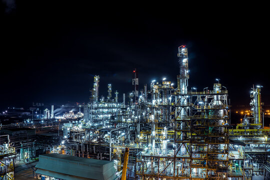 Long Exposure Of Petrochemical Plant View At Night