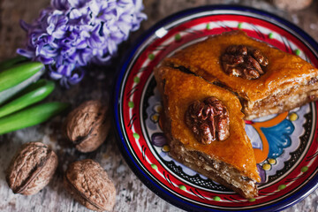 Assorted baklava. A Turkish ramadan arabic sweet dessert on a decorative plate, with coffee cup in the background. Middle eastern food baklava with nuts and honey syrup