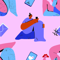 Seamless pattern. Woman looking at the phone. Human and social media. Hand drawn vector illustration in trendy style.