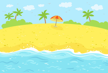 Fototapeta na wymiar A piece of summer beach and sea with palm trees and an umbrella. Colorful picture in cartoon style. Vector flat illustration.