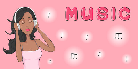 African-American girl enjoying music in headphones. Poster. Vector illustration.