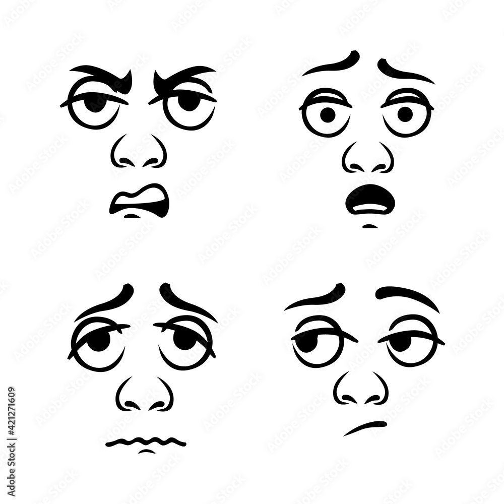 Poster Expression negative emotions. Discontent characters face turns into uncertainty and fear with further vector depression.