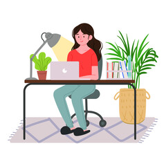 Women who work from home. Laptops, flower pots, and books are placed on the desk.