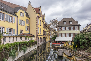 Petite Venice - water canal and traditional half-timbered houses in Colmar old town. Colmar is a charming town in Alsace, France.