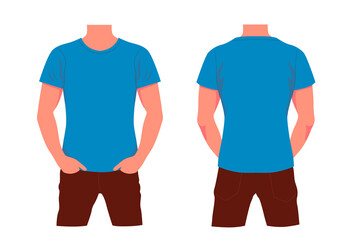 Man in blue tshirt and red jeans. Model character with front and back view stylishly dressed in trendy modern style with hands in vector pockets.