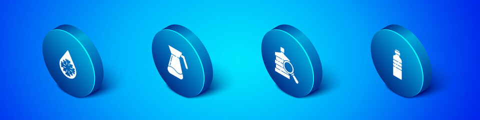 Set Isometric Defrosting, Big bottle with clean water, Bottle of and Jug glass icon. Vector