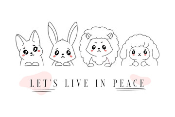 Lets live in peace with cute cartoon animals. Hare and anime sheep ask for calm life with glance hedgehog and fox express sketch hope for best vector.