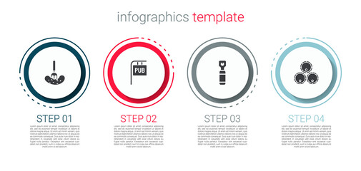 Set Pickled cucumber on a fork, Street signboard with Pub, Bottle opener and Wooden barrels. Business infographic template. Vector