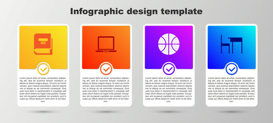 Set Book, Laptop, Basketball ball and School table and chair. Business infographic template. Vector