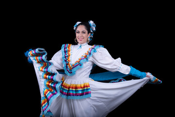 Latin woman dressed in a dress from Jalisco Mexico,