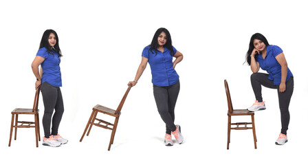 Collage of same woman playing with a chair in white background