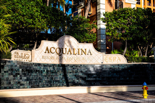 Sunny Isles Beach, USA - May 5, 2018: Acqualina Resort Spa On The Beach Hotel Sign In Miami Dade County, Florida At Oceanfront Or Beachfront In Summer