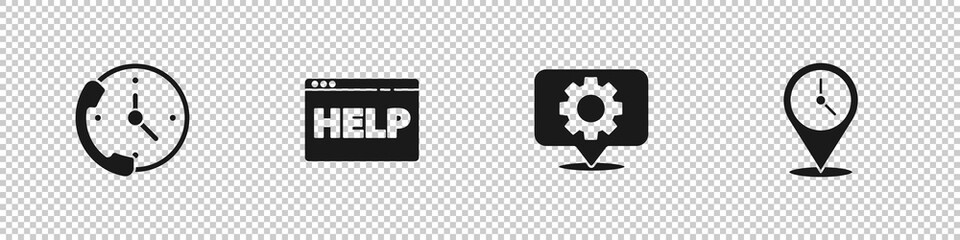 Set Telephone 24 hours support, Browser help, Location with gear and clock icon. Vector