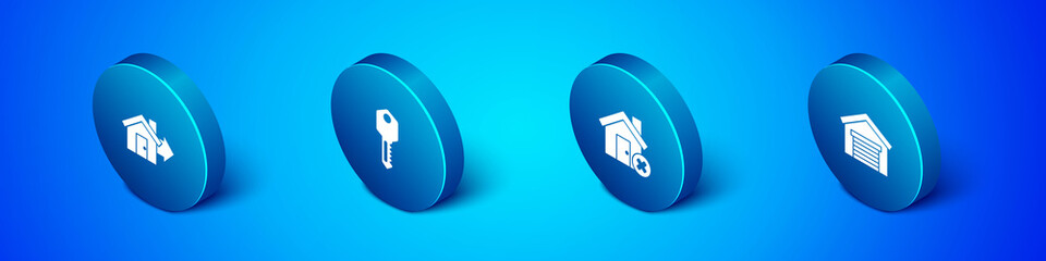 Set Isometric Sale house, House with wrong mark, Garage and key icon. Vector