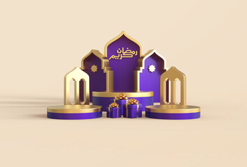 Ramadan kareem islamic greeting background with realistic 3d traditional islamic festive decorative elements - 3d rendering