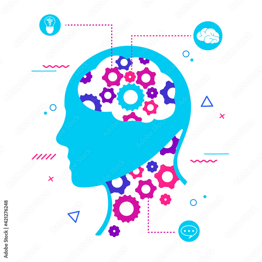 Poster process thinking and generating ideas. rotating gear head creative inspiration with intelligent proj