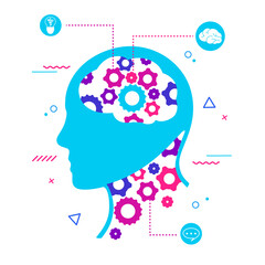 Process thinking and generating ideas. Rotating gear head creative inspiration with intelligent project generation and vector innovation.