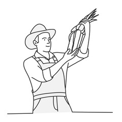 Farmer with a hat holding corn on the cob. Hand drawn vector illustration.