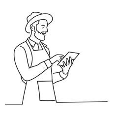 Bearded farmer with hat is using tablet. Hand drawn vector illustration.