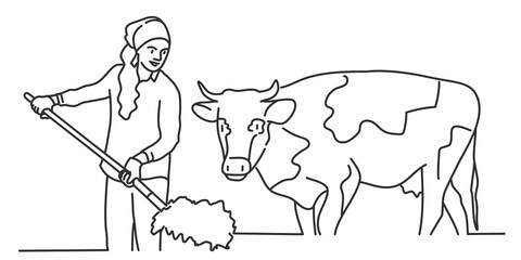 Young woman working in stall, feeding cows with hay. Hand drawn vector illustration.