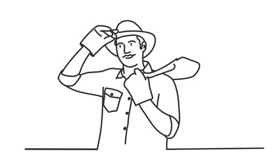 Young farmer in a hat and work gloves with a shovel on his shoulder. Hand drawn vector illustration.
