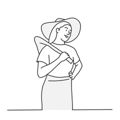 Cute girl with a hoe on her shoulder. Hand drawn vector illustration.