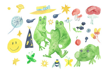 Celestian  watercolor illustration set for Halloween. Collection with frog,hats,dandelion,mushrooms,blackberry,smiley face on white isolated background.Designs for social media,posters,stickers