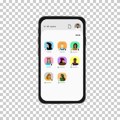 Clubhouse rooms.Clubhouse audio chat.New social network on app.Vector set of avatars on smartphone.Male and female character faces avatars.Mockup  social network for communication via audio messages