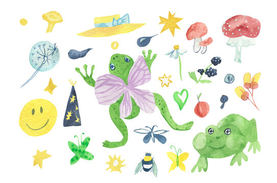 Watercolor birthday illustrations in on-trend colors.Collection with frog with butterfly wings,apple,stars,forget-me-not,mushrooms,tadpoles,smiley face on white isolated background.Design for posters