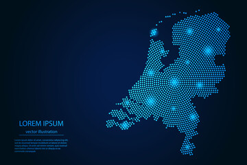 Abstract image Netherlands map from point blue and glowing stars on a dark background. vector illustration.
