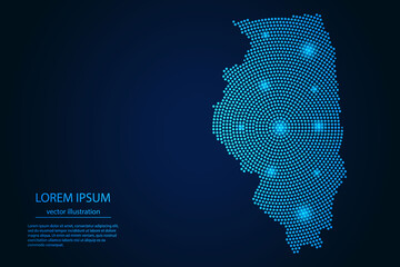 Abstract image Illinois map from point blue and glowing stars on a dark background. vector illustration. - obrazy, fototapety, plakaty