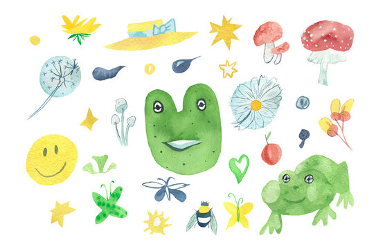 Watercolor magic birthday illustration set in on-trend colors. Aesthetic collection with frog, butterfly acorns,apple,stars,flowers,mushrooms,tadpoles,smiley face on white isolated background.