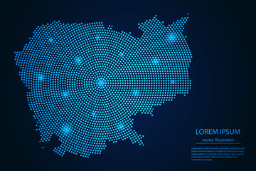 Abstract image Cambodia map from point blue and glowing stars on a dark background. vector illustration.