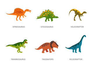 Dinosaurs from Jurassic period. Powerful red spinosaurus with green herbivorous stegosaurus and carnivorous vector tyrannosaurus.