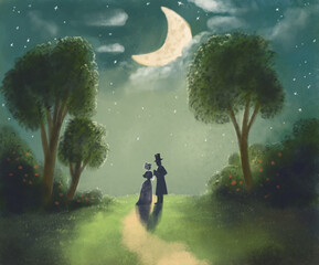illustration romantic hand drawn night with crescent moon on cloudy sky, moonlight and couple in love, man and women under the starry sky, date. 19th century style, retro style