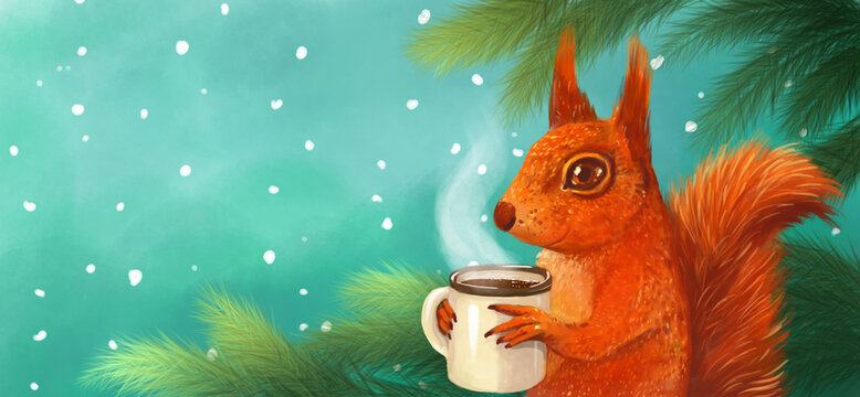 illustration of cute christmas winter poster, banner. Red-haired cartoon squirrel with a mug of tea or coffee on the background of spruce branches and snowfall