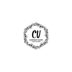 CV initial letters Wedding monogram logos, hand drawn modern minimalistic and frame floral templates
