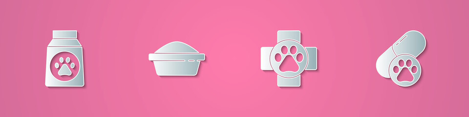Set paper cut Bag of food, Pet bowl, Veterinary clinic and Dog pill icon. Paper art style. Vector