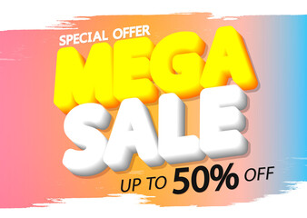 Mega Sale 50% off, poster design template, special offer, vector illustration