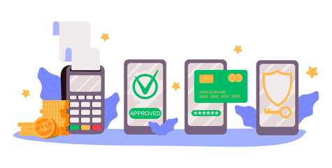 Mobile payments. Online sending money from mobile wallet to bank card, golden coins transfer app and e payment vector illustration set. Mobile payment, business finance pay, transaction online.