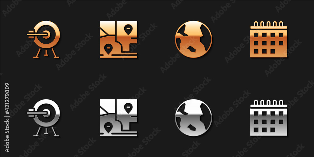 Poster set target with arrow, folded map location, earth globe and calendar icon. vector