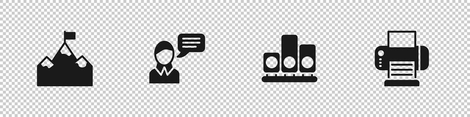 Set Mountains with flag, Speech bubble chat, Ranking star and Printer icon. Vector