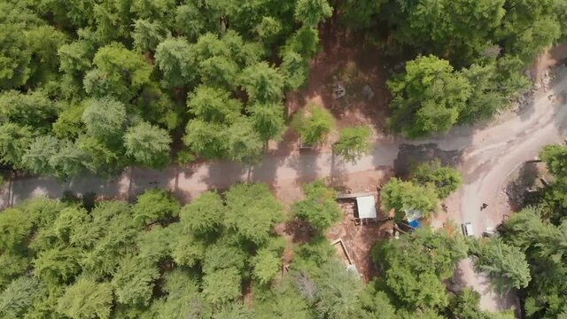 Aerial View Of Motor Cyclist Along Road At USHU Forest At Kalam. Top Down View