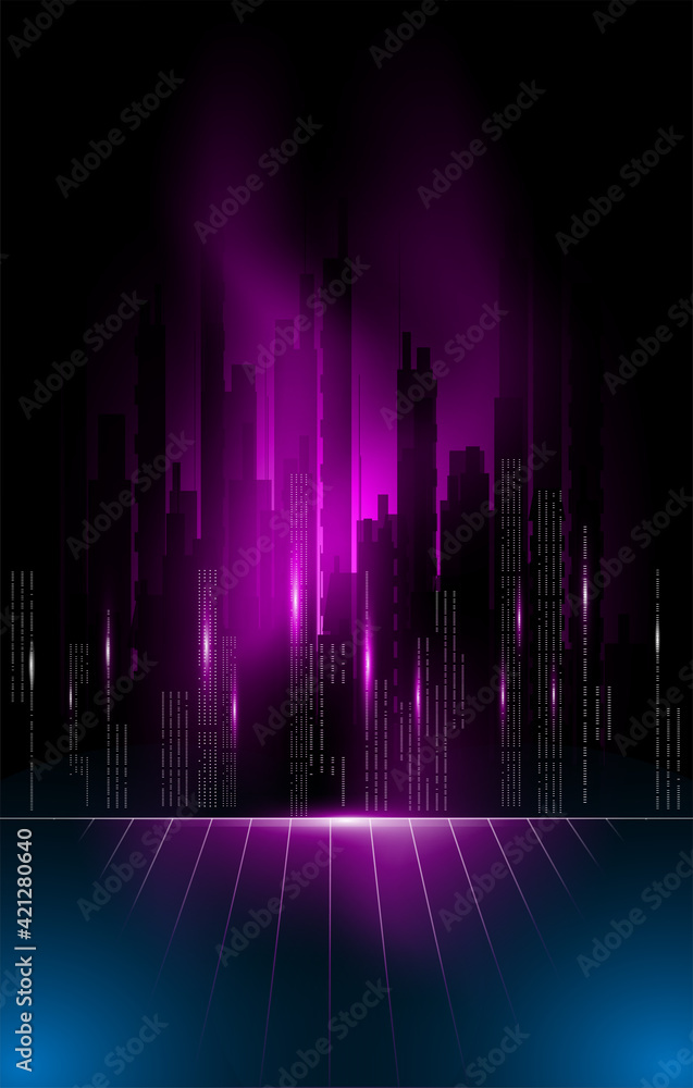 Aufkleber data streams like a dark city move against a dark neon background. abstract background in cyberpunk 