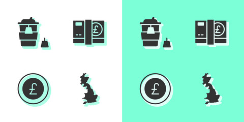 Set England map, Coffee cup to go, Coin money with pound and Pound sterling icon. Vector
