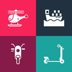 Set pop art Scooter, , Cargo ship with boxes and Helicopter icon. Vector