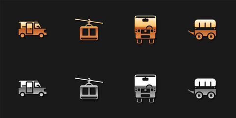 Set Minibus, Cable car, Bus and Wild west covered wagon icon. Vector